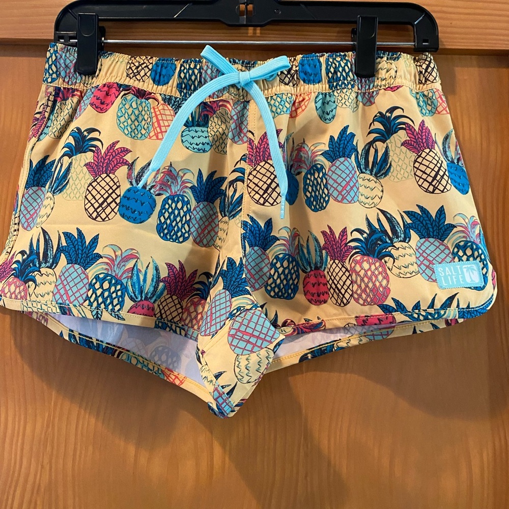 Salt Life Yellow Pineapple Print Women’s Shorts with Blue & Pink Accents